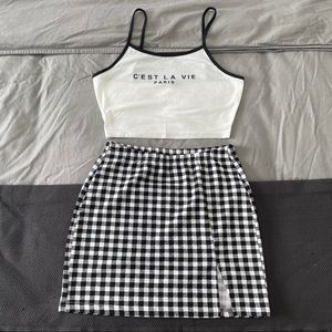 Cami Crop top and plaid skirt set black and white